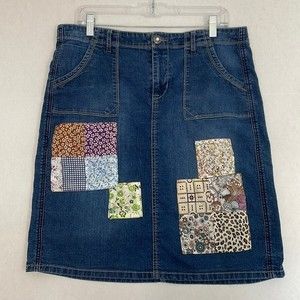 Patchwork Denim Skirt with Pockets, Upcycled Cato, One of a kind, Blue, 14